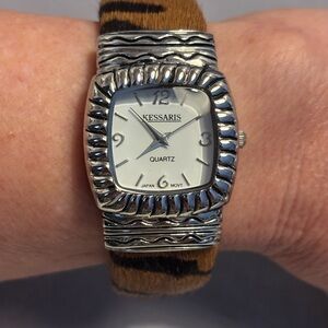 Kessaris Silver Tone Faux Leopard Print Open Cuff Watch